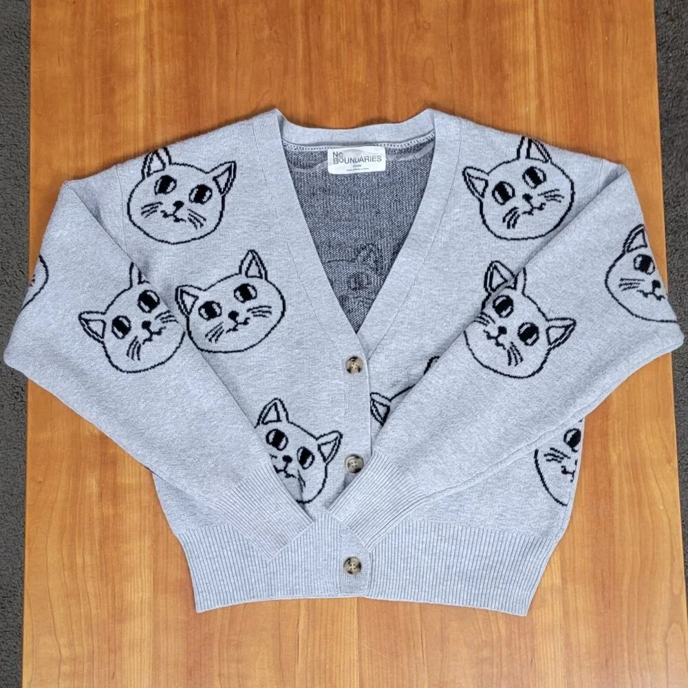 V-Neck Grey Cat Kitten Face Cropped Cardigan - XXS - Picture 5 of 12